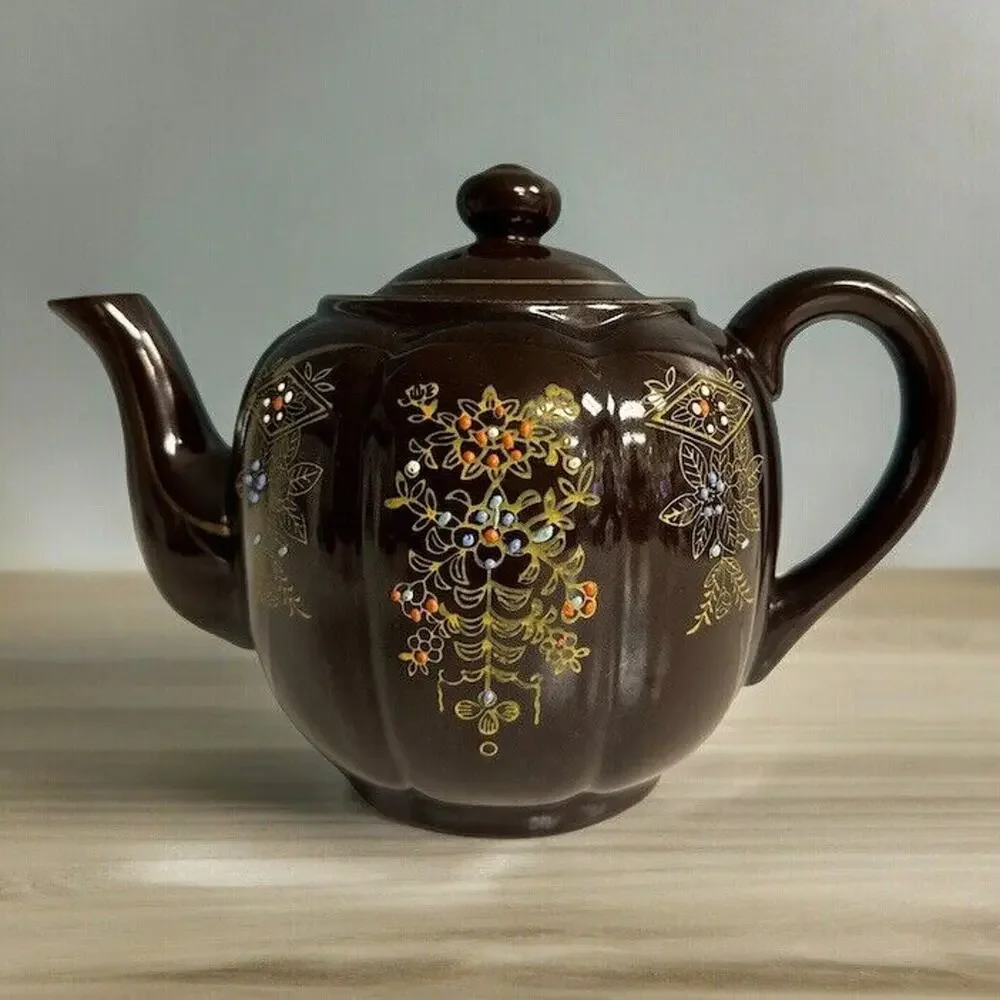 Japanese Brown Betty Ceramic Teapot Ornately Painted‎ Flowers & Vine Japan Made